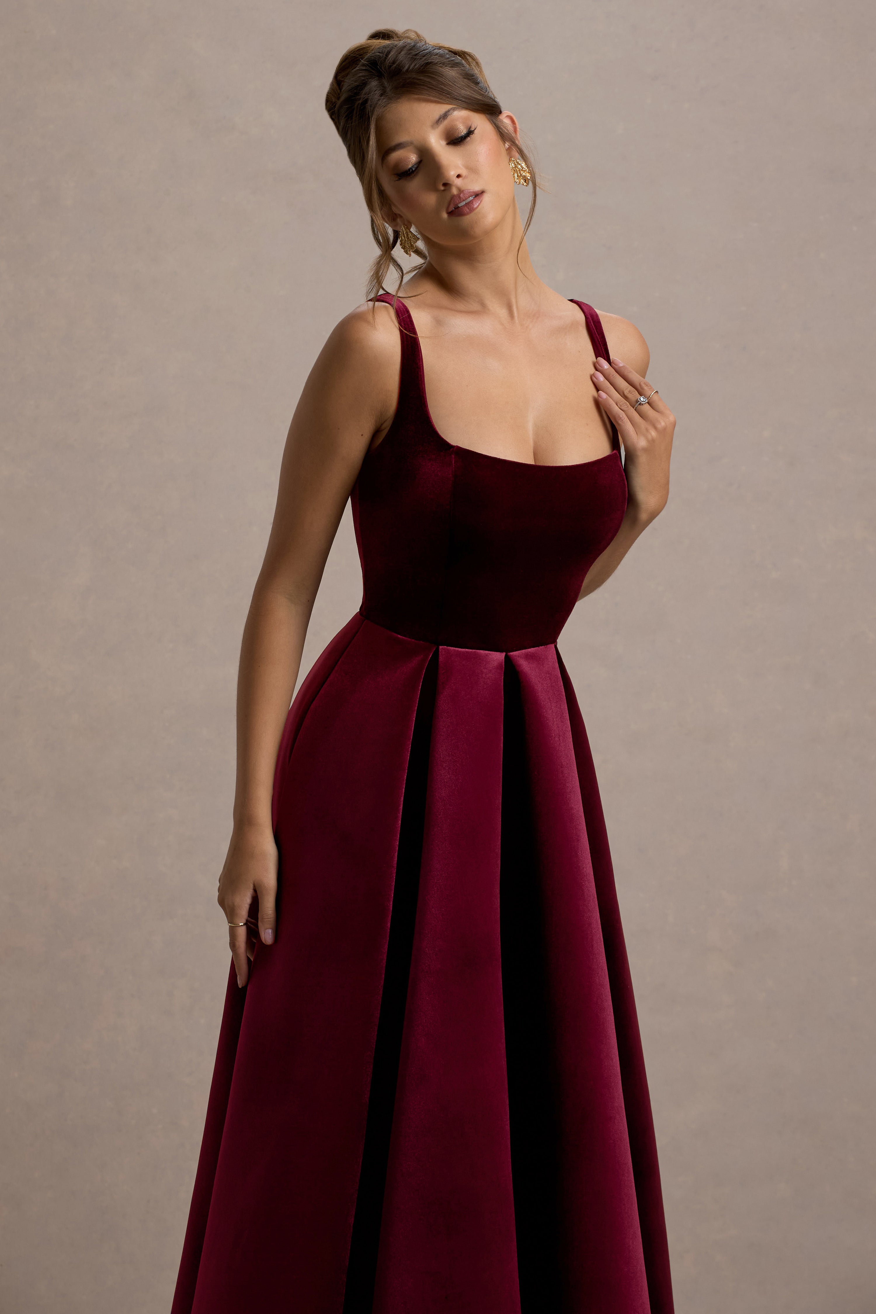 Berry Velvet Strappy Volume-Hem Midi Dress