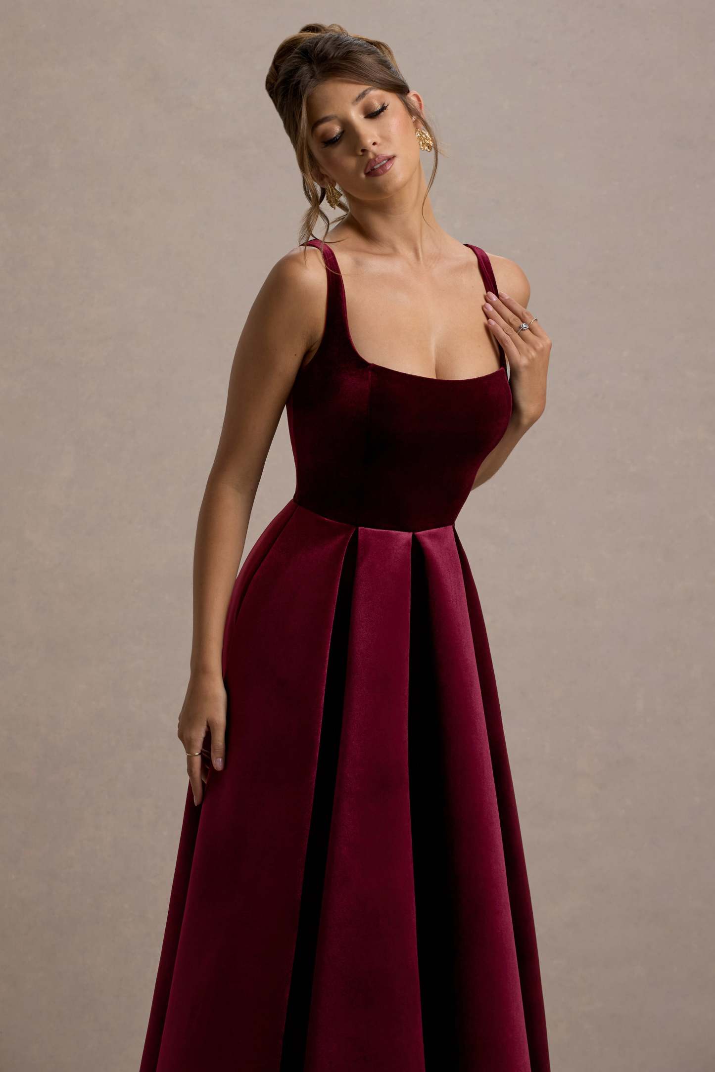Berry Velvet Strappy Volume-Hem Midi Dress