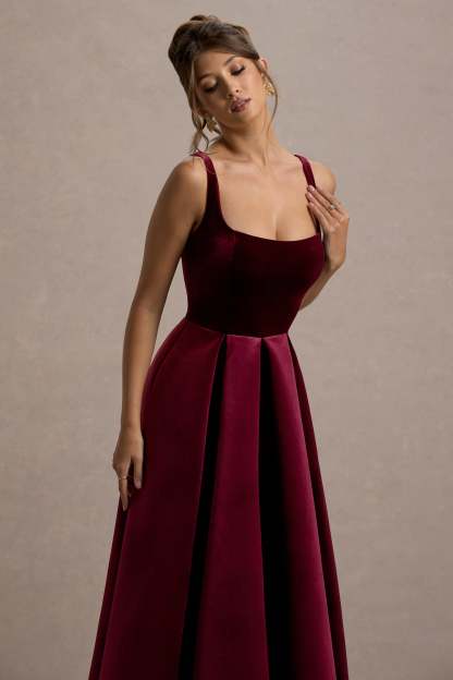 Berry Velvet Strappy Volume-Hem Midi Dress