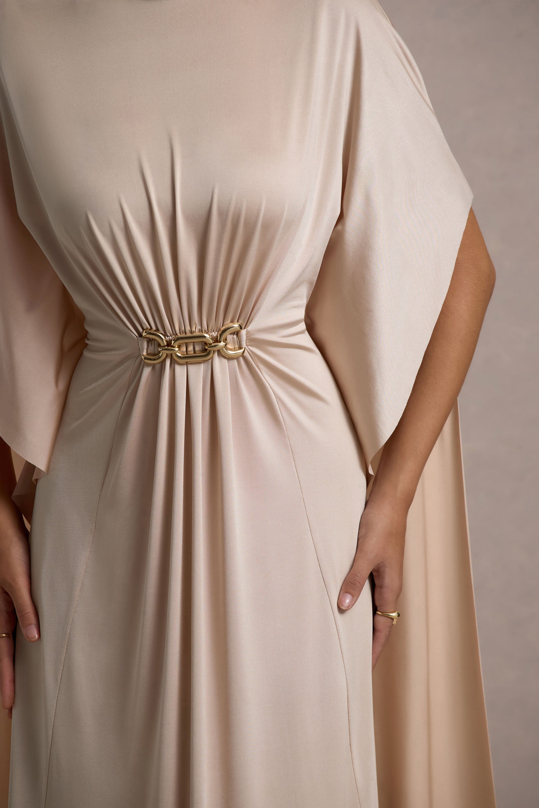 Olessia Champagne Belted Gathered Cape-Sleeve Maxi Dress