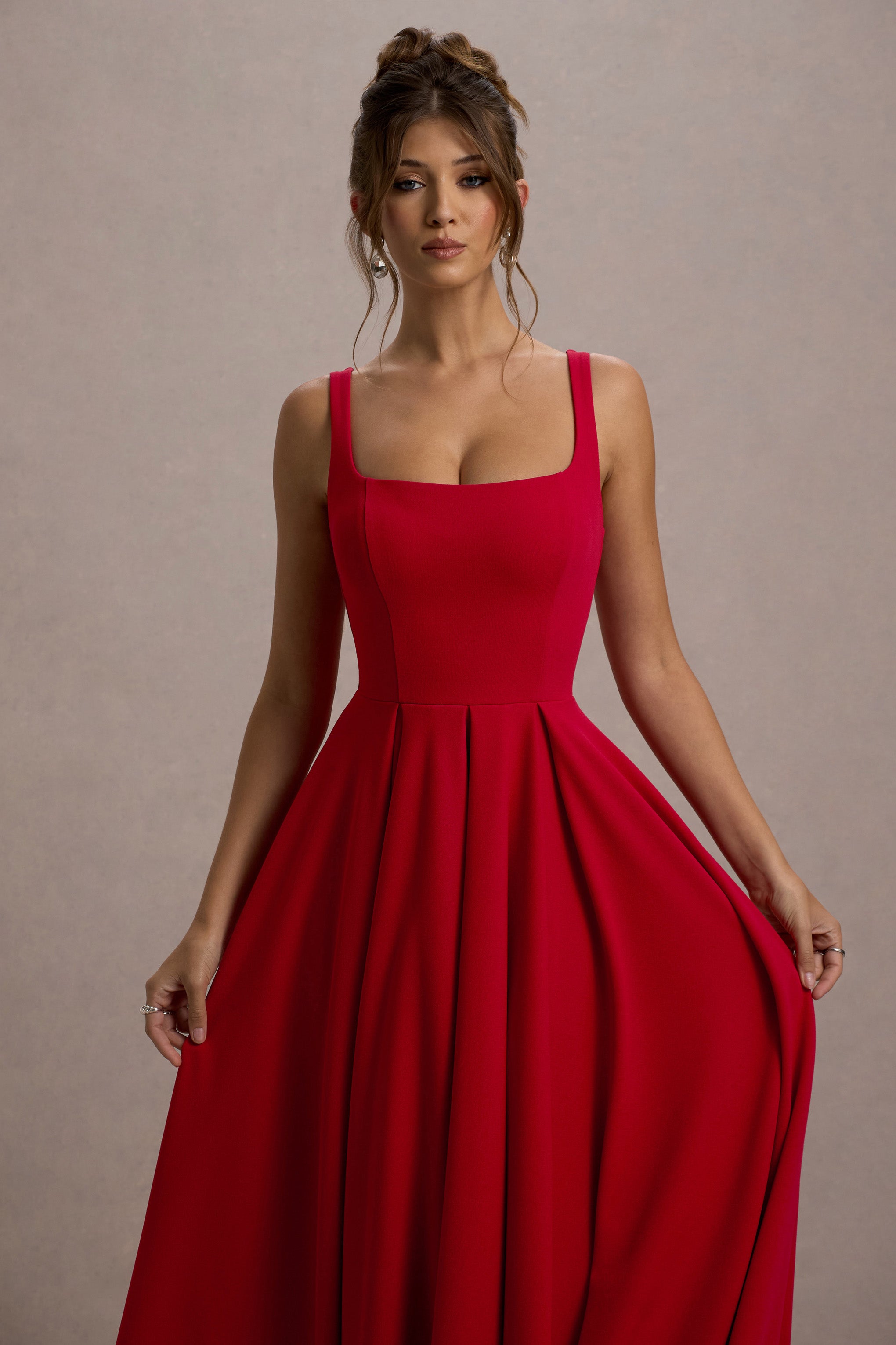 Red Strappy Volume-Hem Midi Dress