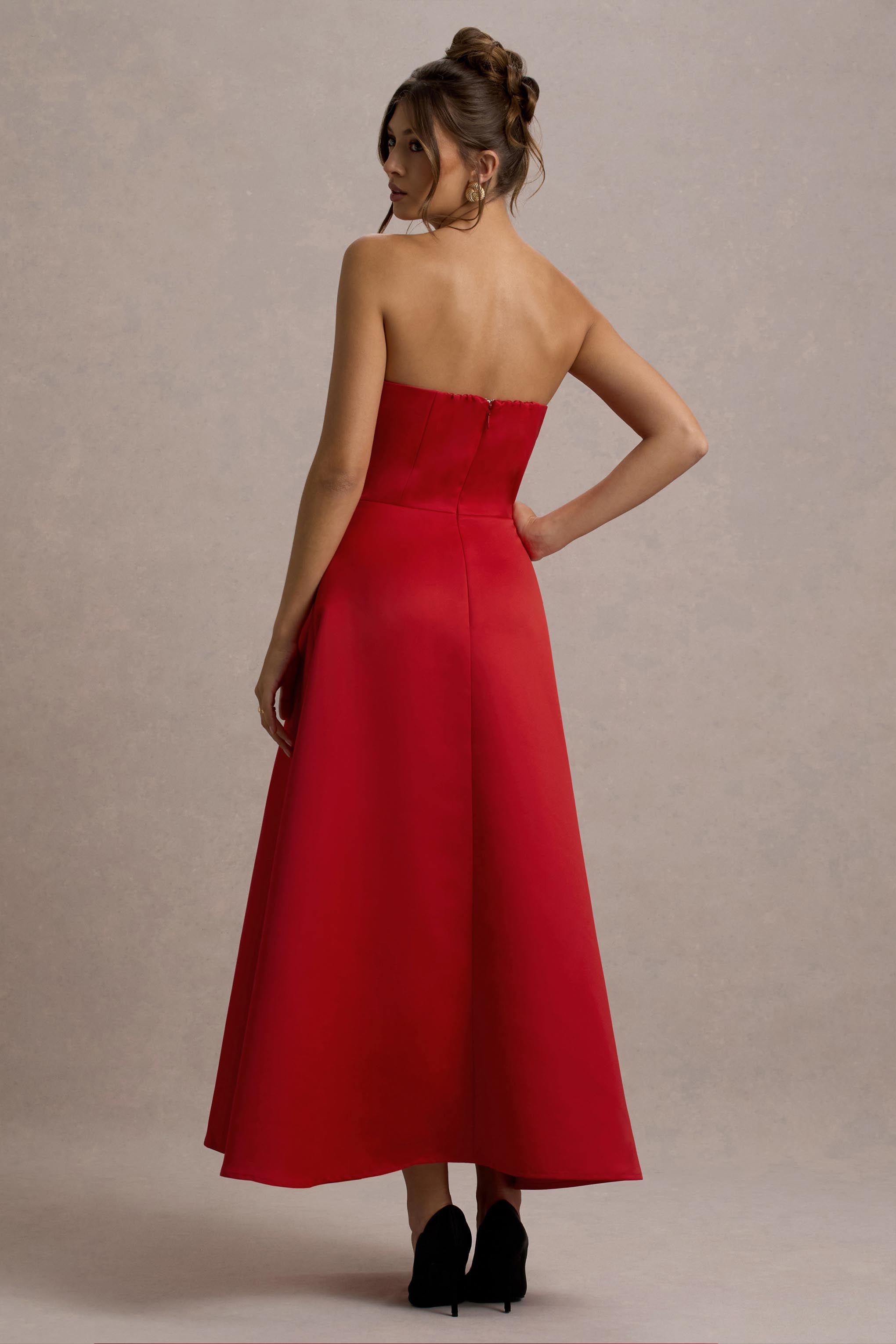 Wintour Red Satin Sweetheart Midi Dress