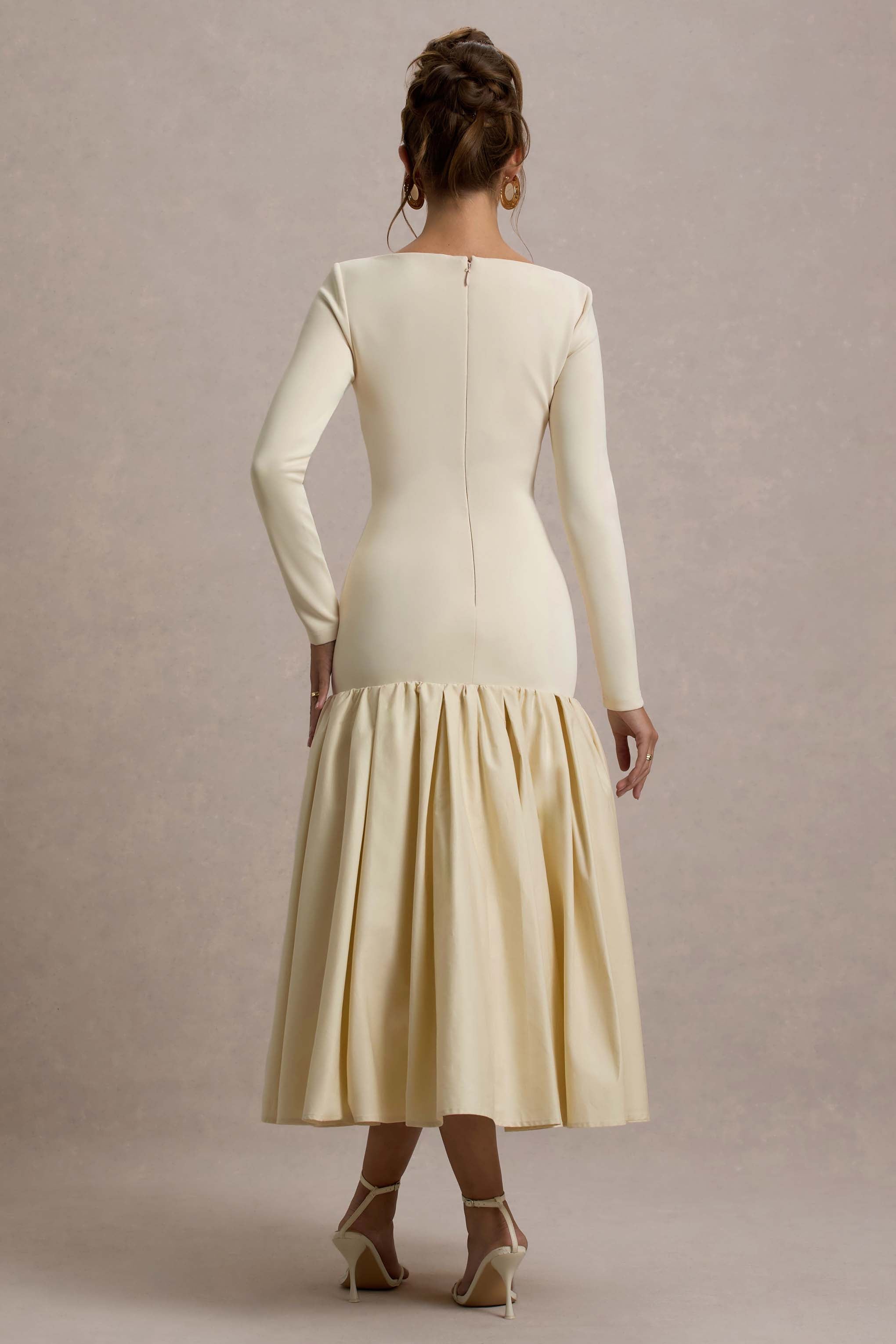 Perpetua Cream Drop-Waist Midi Dress With Volume Skirt