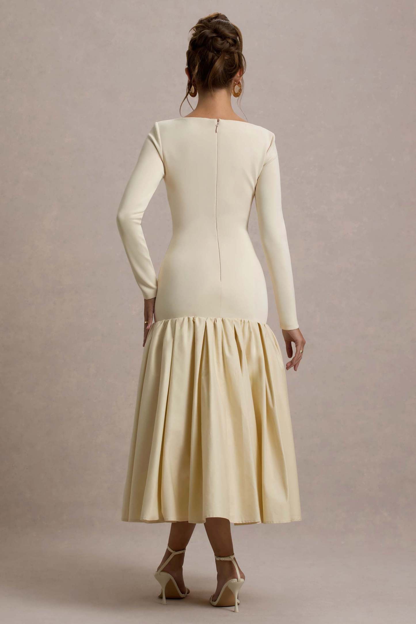 Perpetua Cream Drop-Waist Midi Dress With Volume Skirt