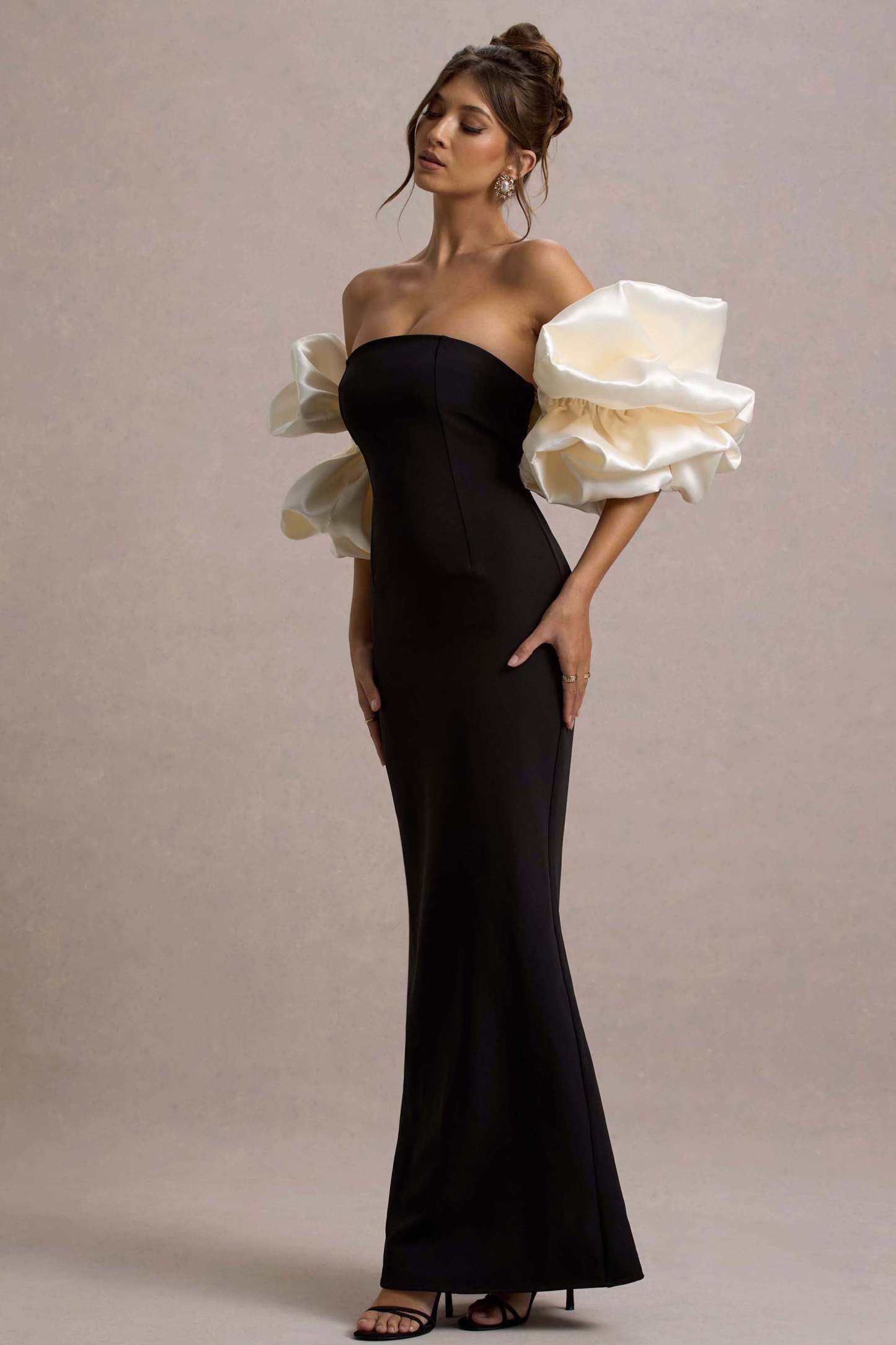 Evermore Black & Cream Puff-Sleeve Maxi Dress