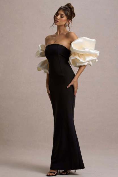 Evermore Black & Cream Puff-Sleeve Maxi Dress