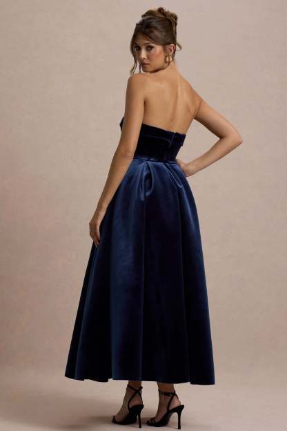 Addina Navy Velvet Bandeau Skater Midi Dress
