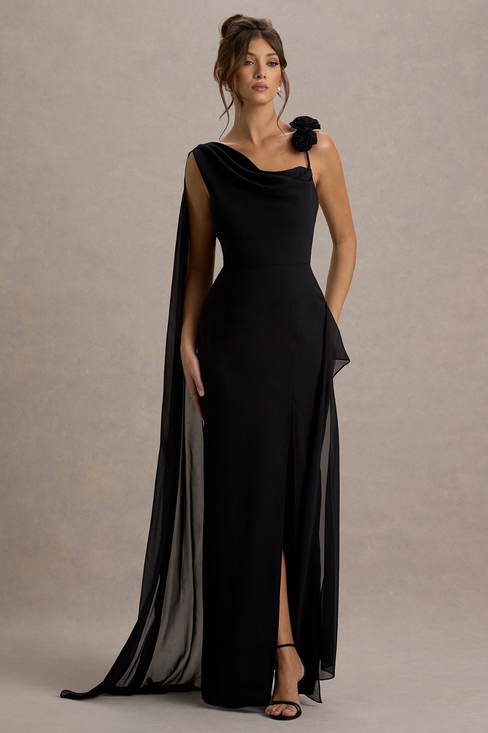 Black Chiffon Draped Split Maxi Dress With Corsages