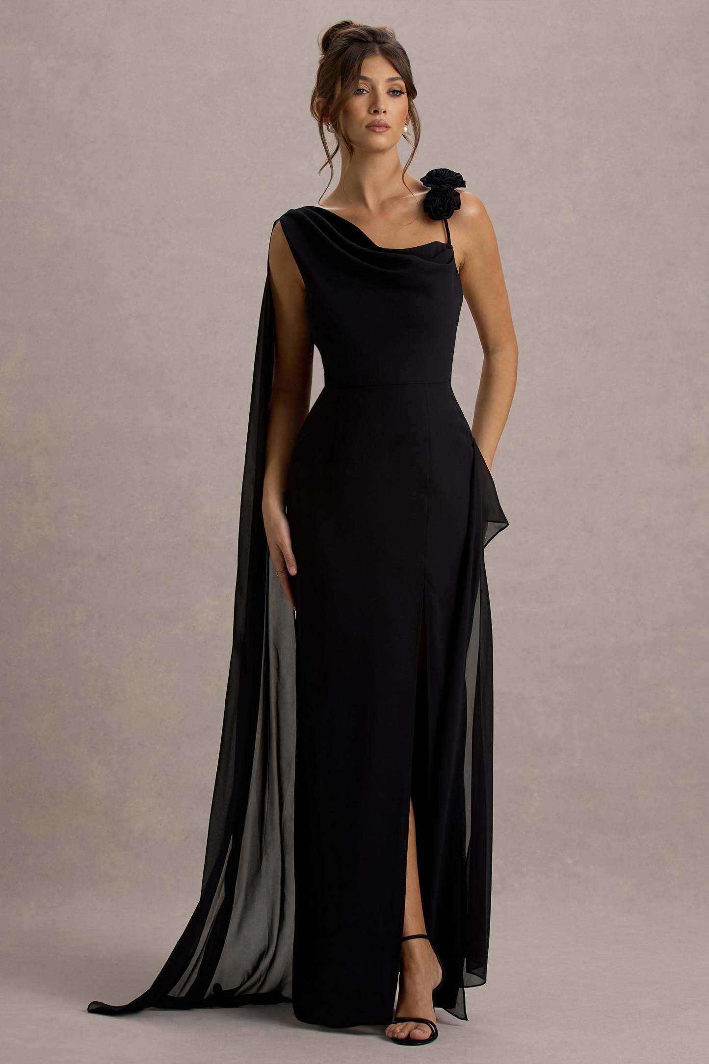Black Chiffon Draped Split Maxi Dress With Corsages