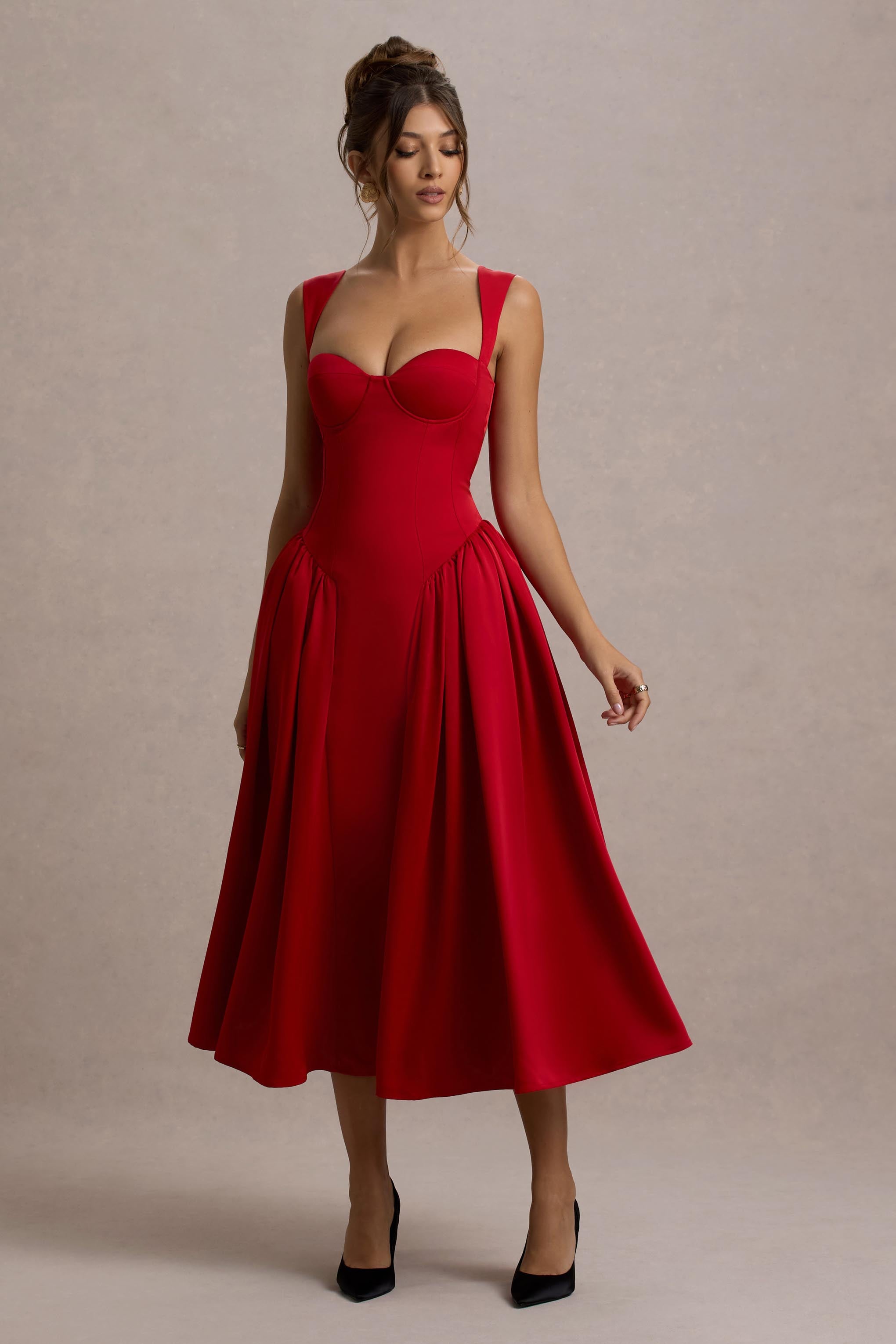 Covia Red Satin Sweetheart Midi Dress
