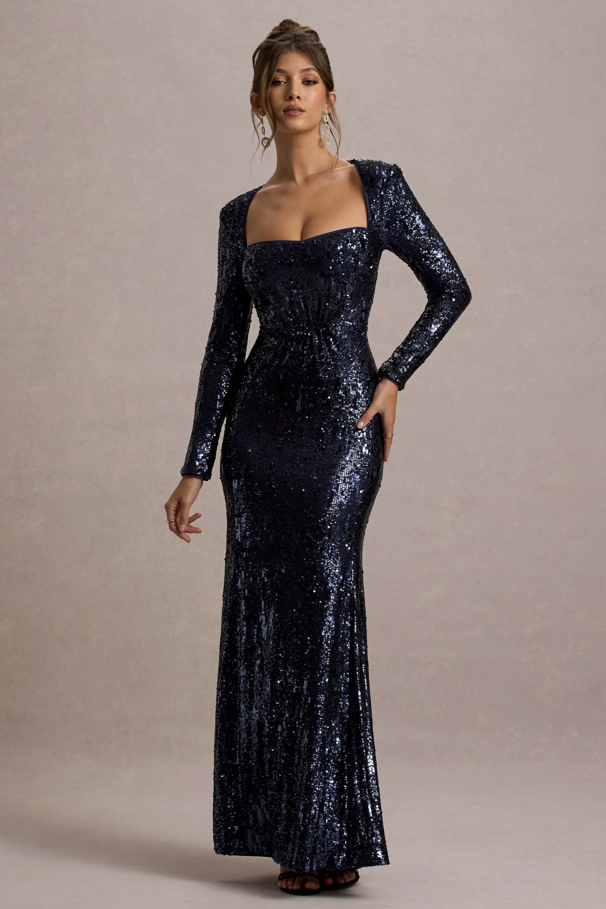 Ensley Navy Sequin Sweetheart Long-Sleeve Maxi Dress