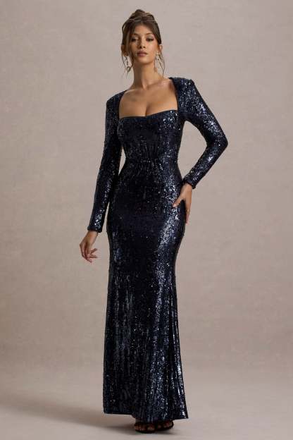 Ensley Navy Sequin Sweetheart Long-Sleeve Maxi Dress