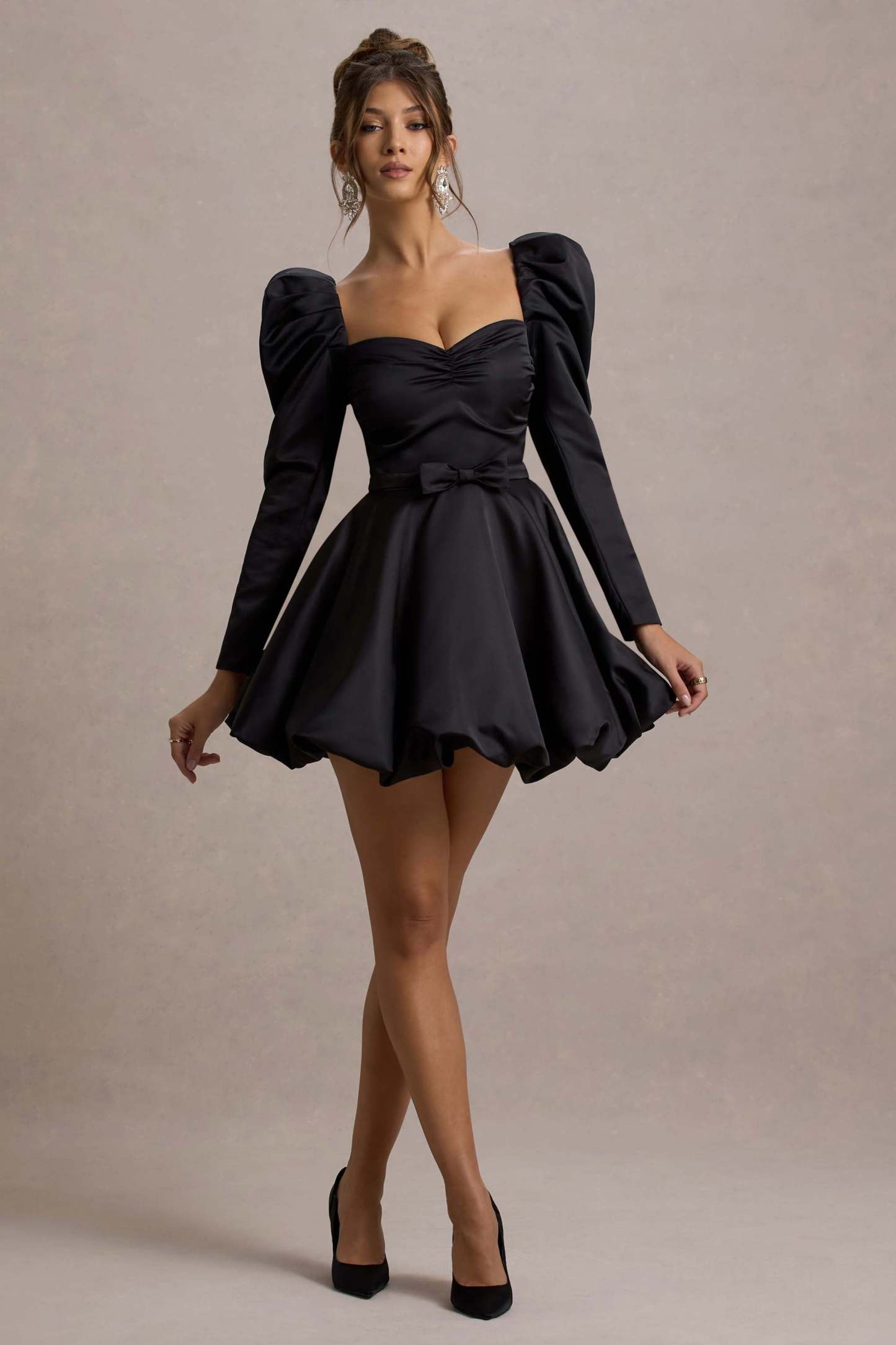 Murphy Black Satin Belted Mini Dress With Puff Sleeves