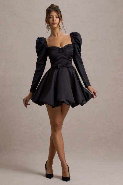 Murphy Black Satin Belted Mini Dress With Puff Sleeves