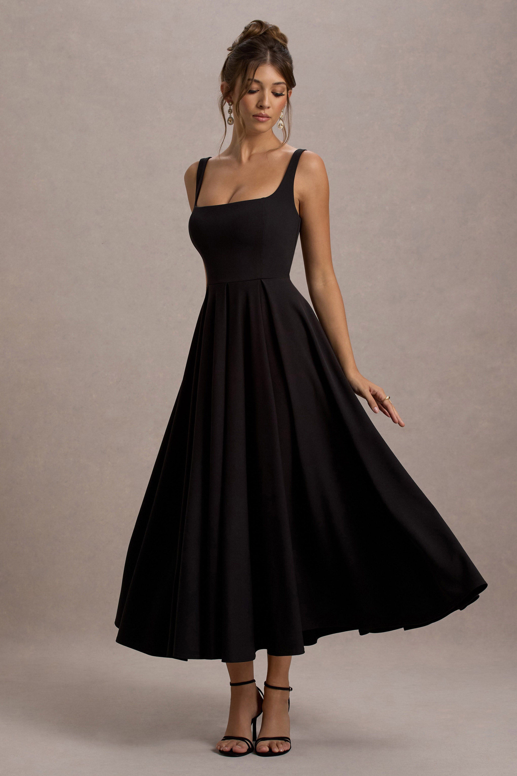 Black Strappy Volume-Hem Midi Dress