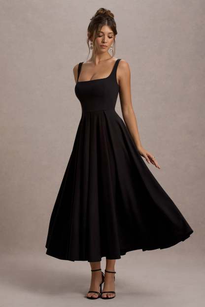 Black Strappy Volume-Hem Midi Dress