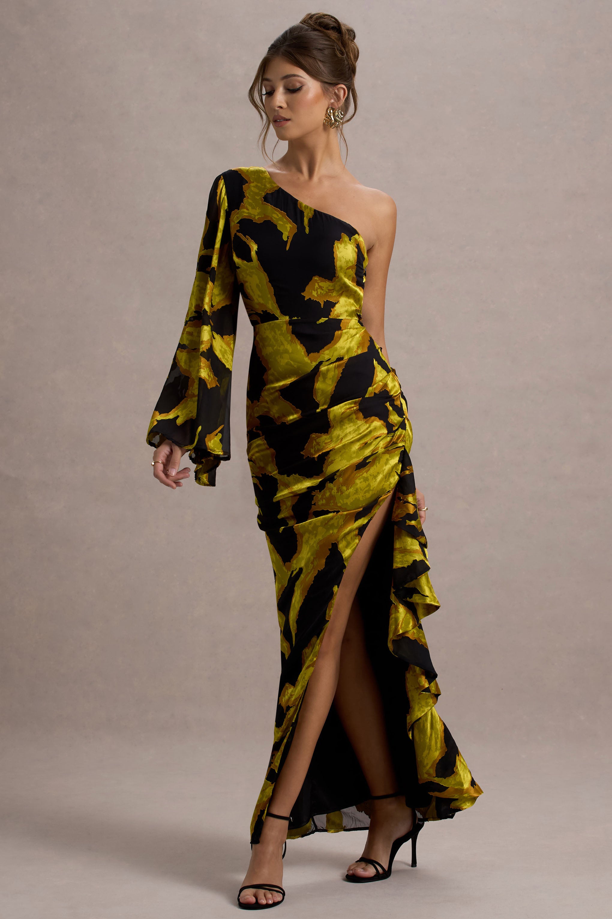Mustard Print Satin Jacquard One Sleeve Ruffled Split Maxi Dress