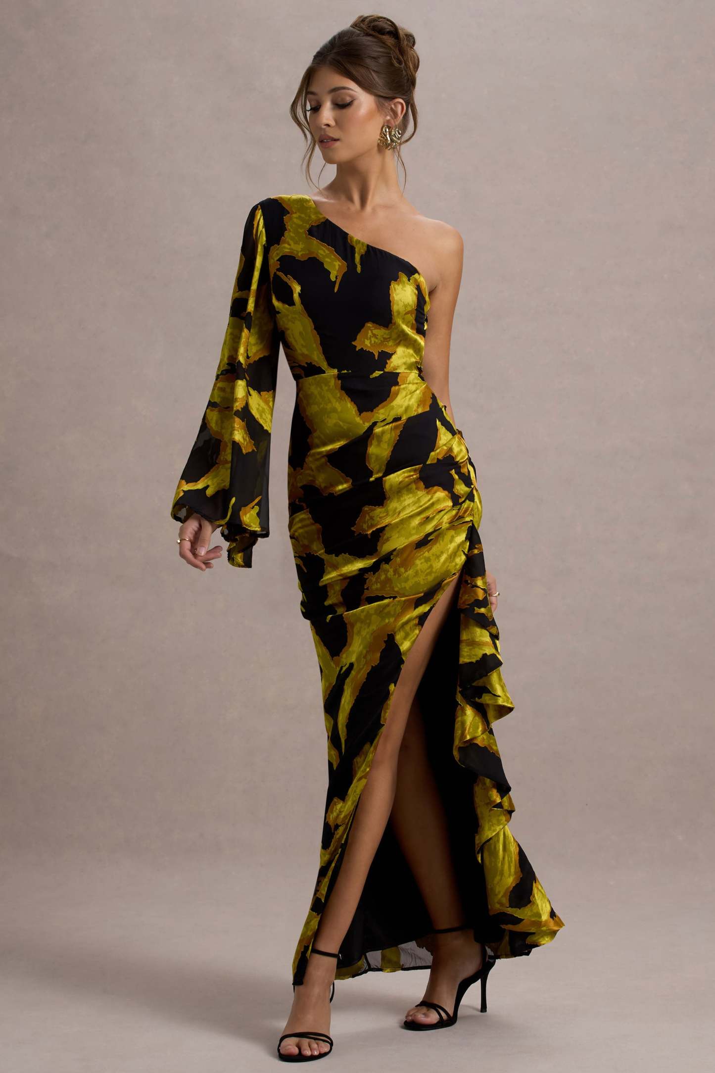 Mustard Print Satin Jacquard One Sleeve Ruffled Split Maxi Dress