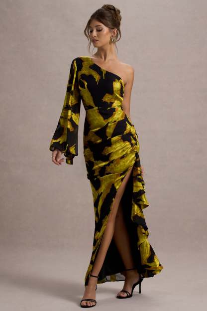 Mustard Print Satin Jacquard One Sleeve Ruffled Split Maxi Dress