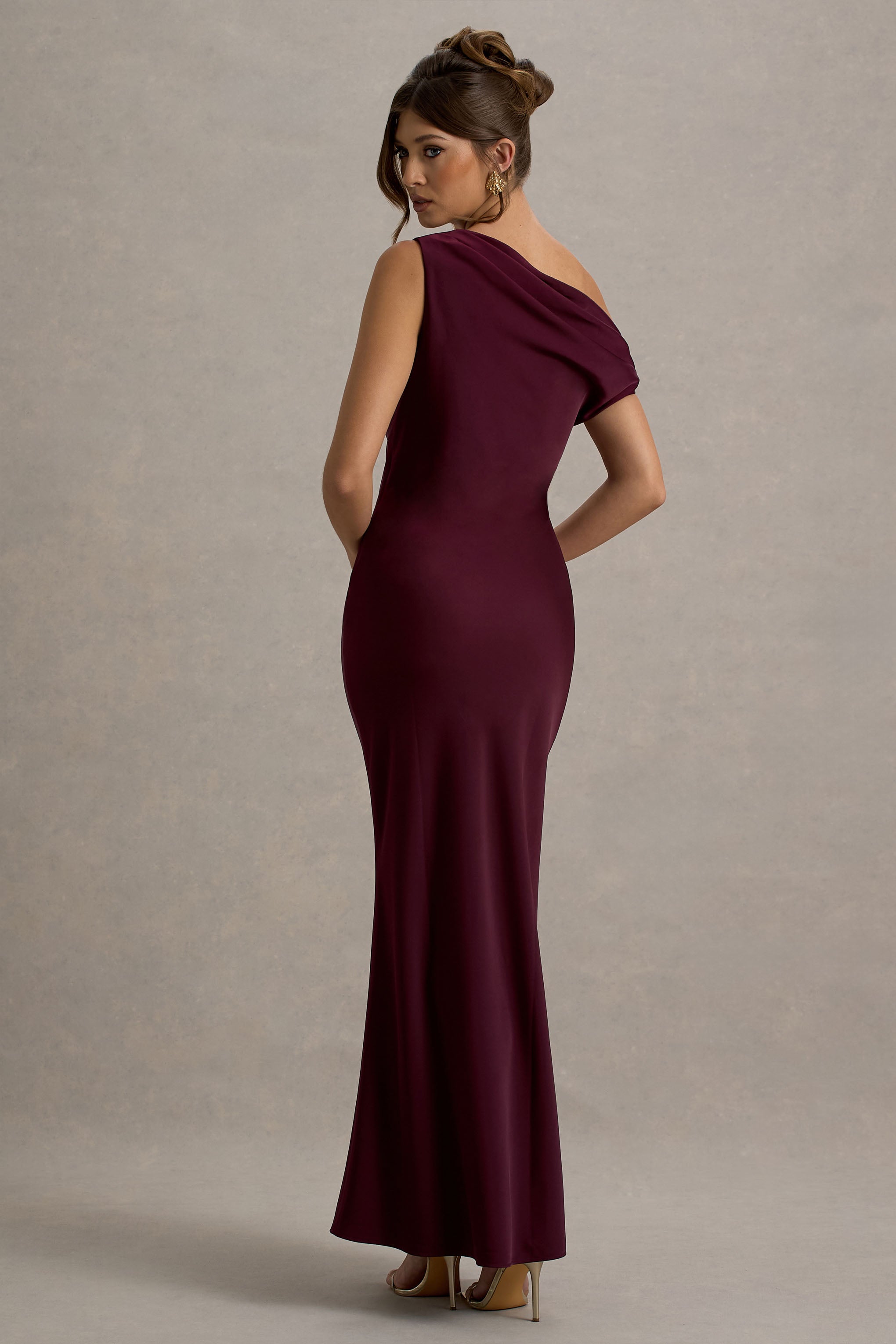 Isolde Burgundy Satin One-Shoulder Maxi Dress