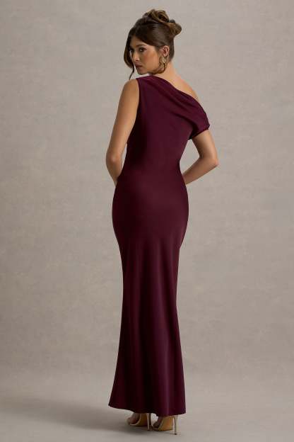 Isolde Burgundy Satin One-Shoulder Maxi Dress