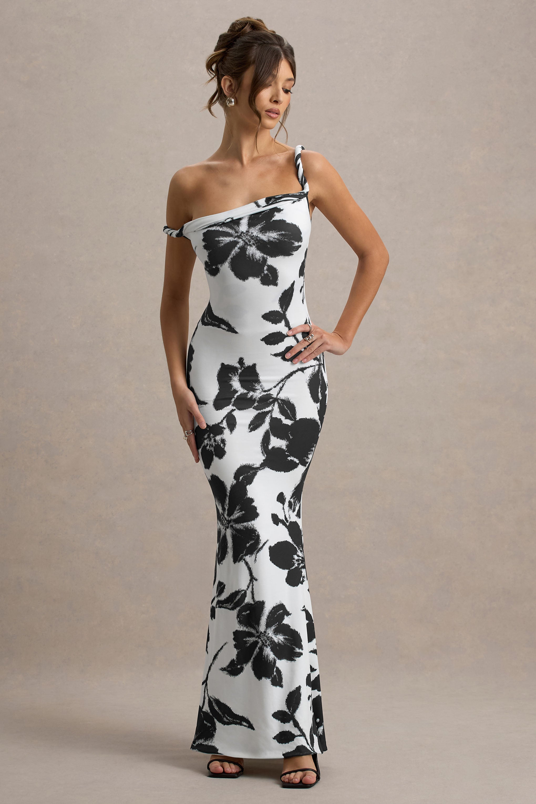 Monochrome Floral Print Twisted Asymmetric Maxi Dress