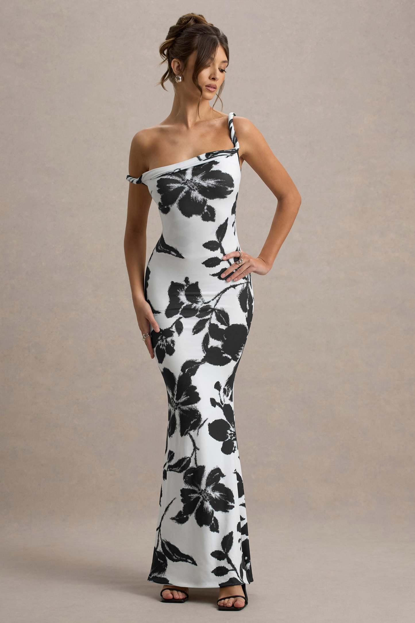 Monochrome Floral Print Twisted Asymmetric Maxi Dress