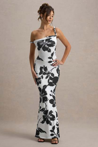 Monochrome Floral Print Twisted Asymmetric Maxi Dress