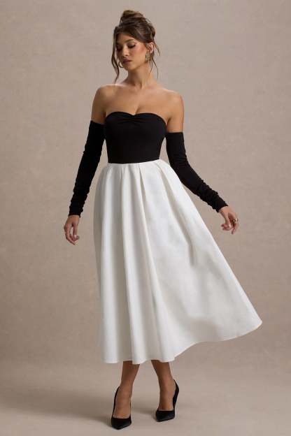 Solada Black & Cream Bardot Pleated Maxi Dress