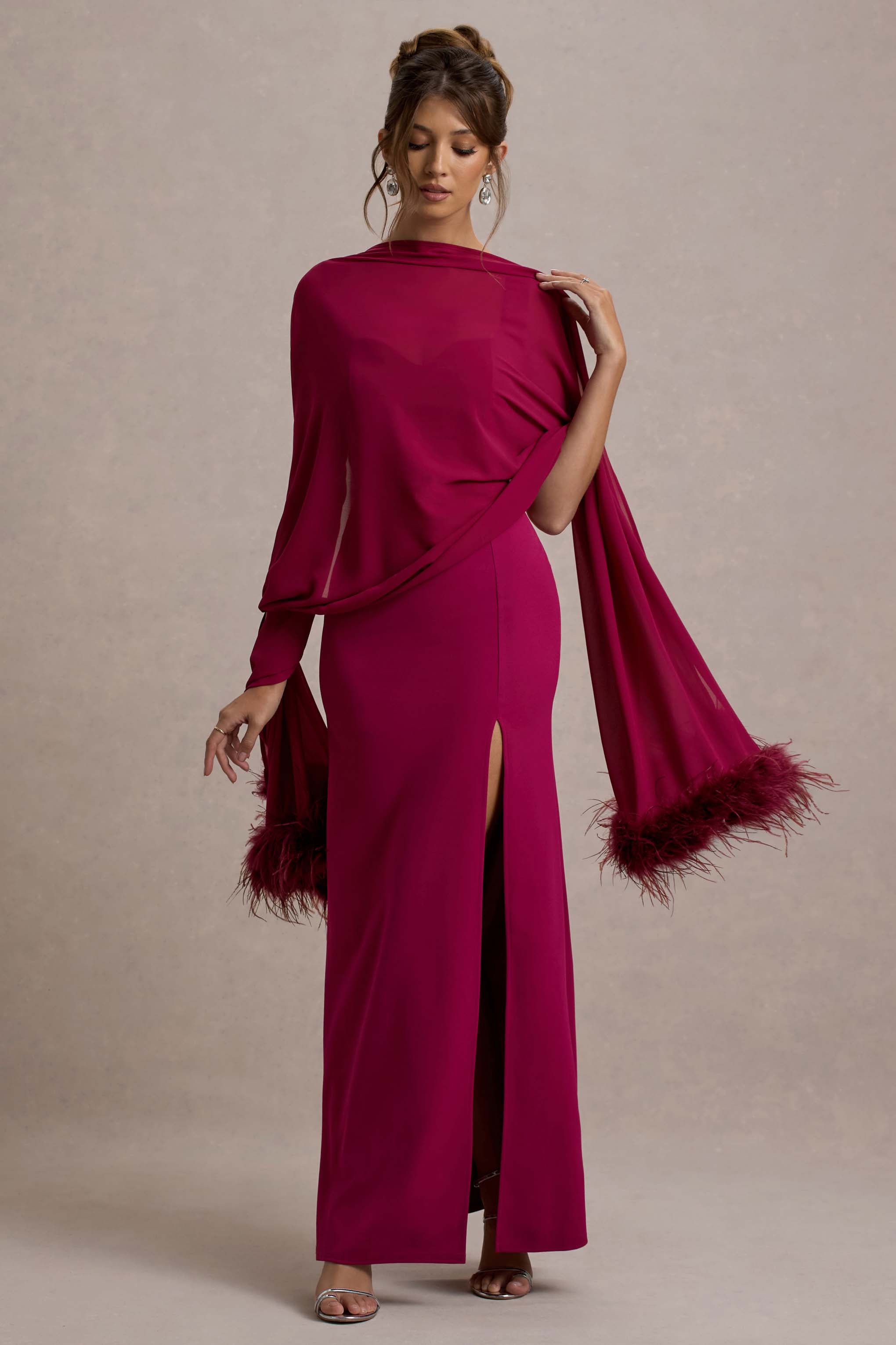 Swoon Mulberry Chiffon Feather-Trim Shawl