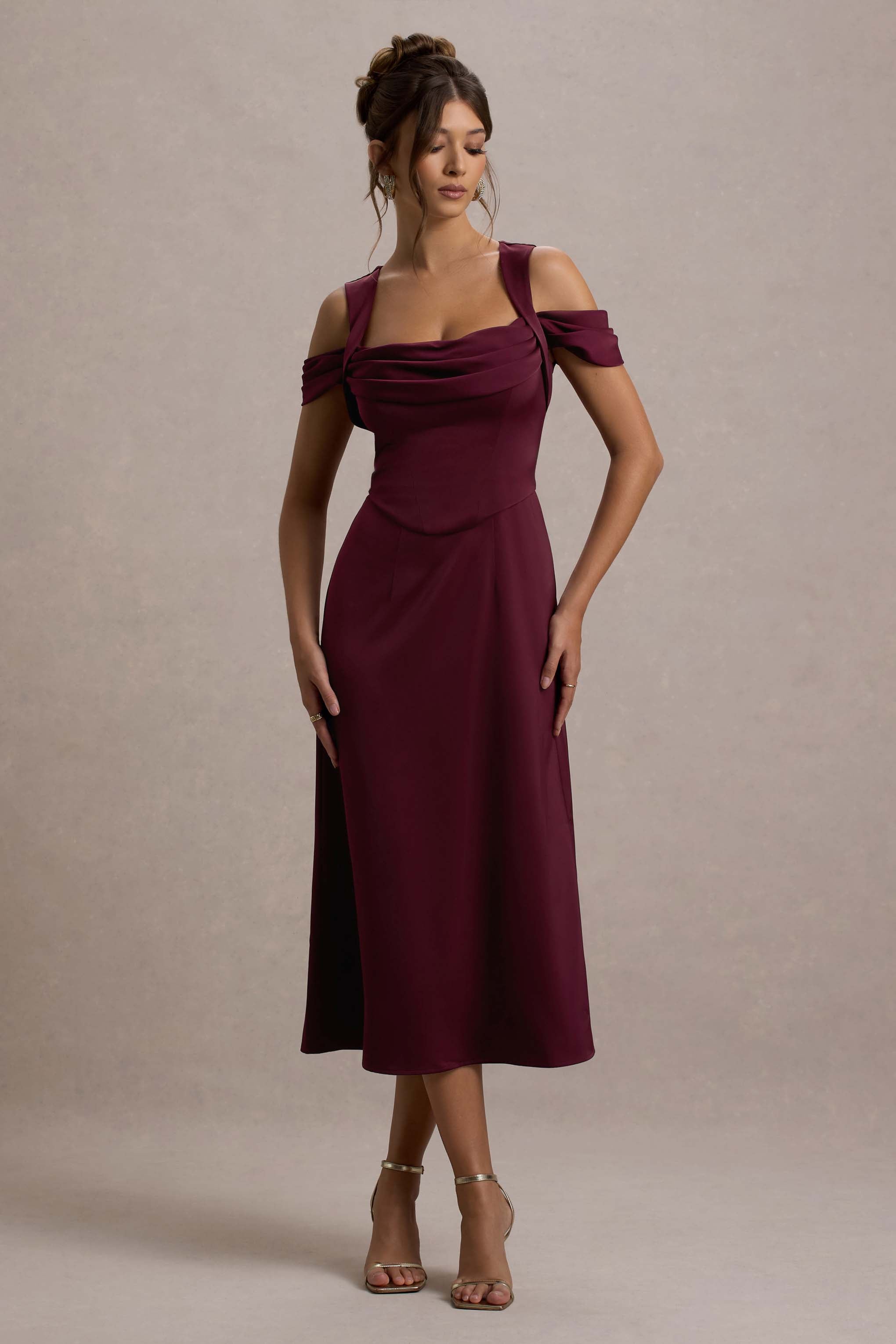 Sawyer Wine Satin Draped Midi Dress
