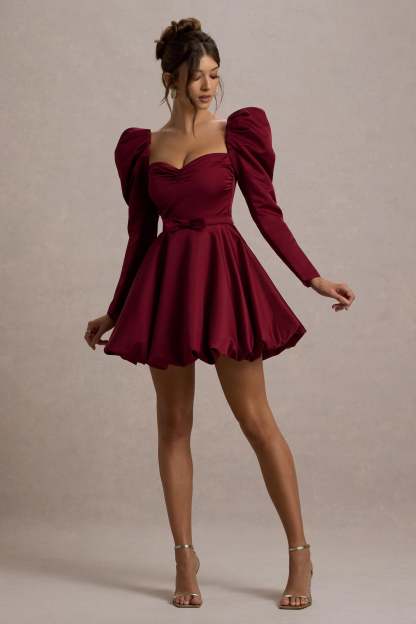 Murphy Burgundy Satin Belted Mini Dress With Puff Sleeves