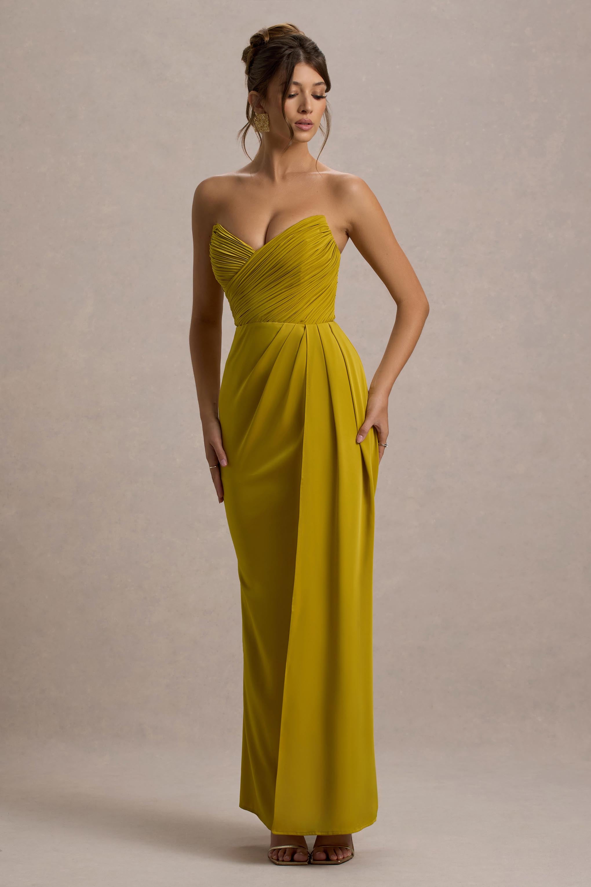 Edel Mustard Satin Strapless Maxi Dress With Drape