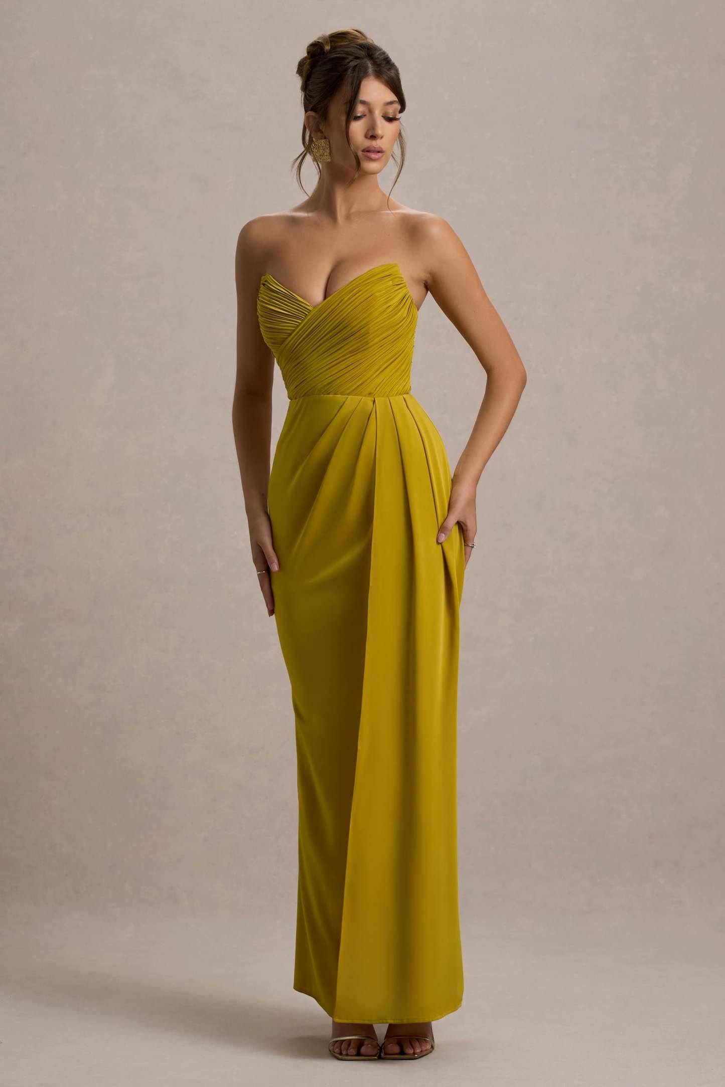 Edel Mustard Satin Strapless Maxi Dress With Drape