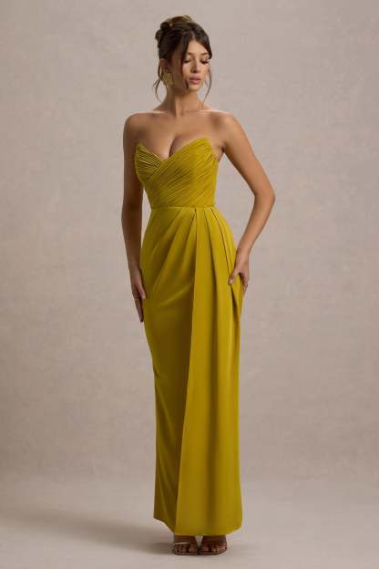 Edel Mustard Satin Strapless Maxi Dress With Drape