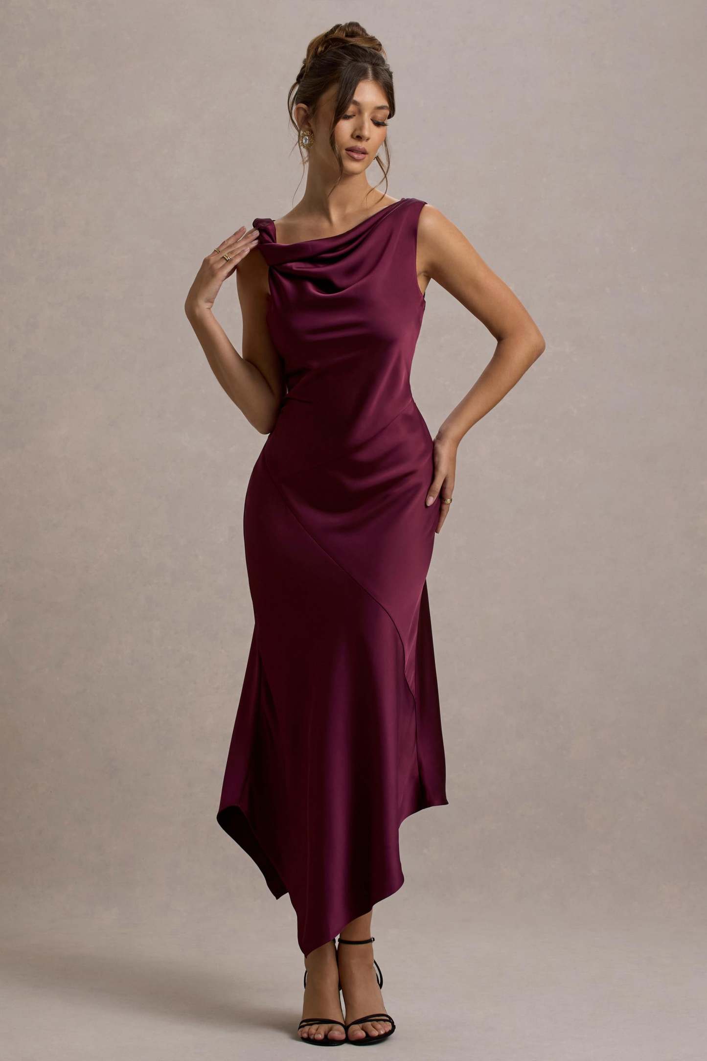 Donelli Plum Satin Asymmetric Midi Dress