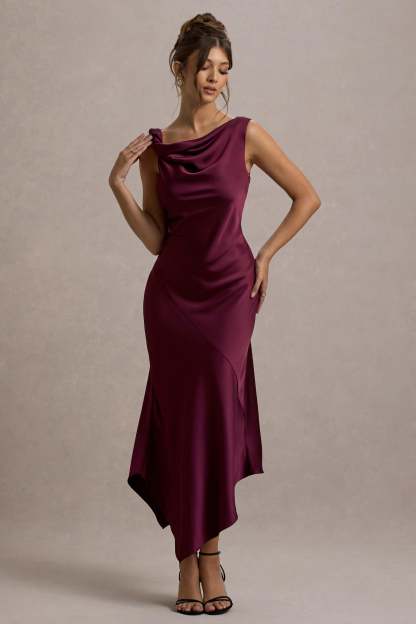 Donelli Plum Satin Asymmetric Midi Dress