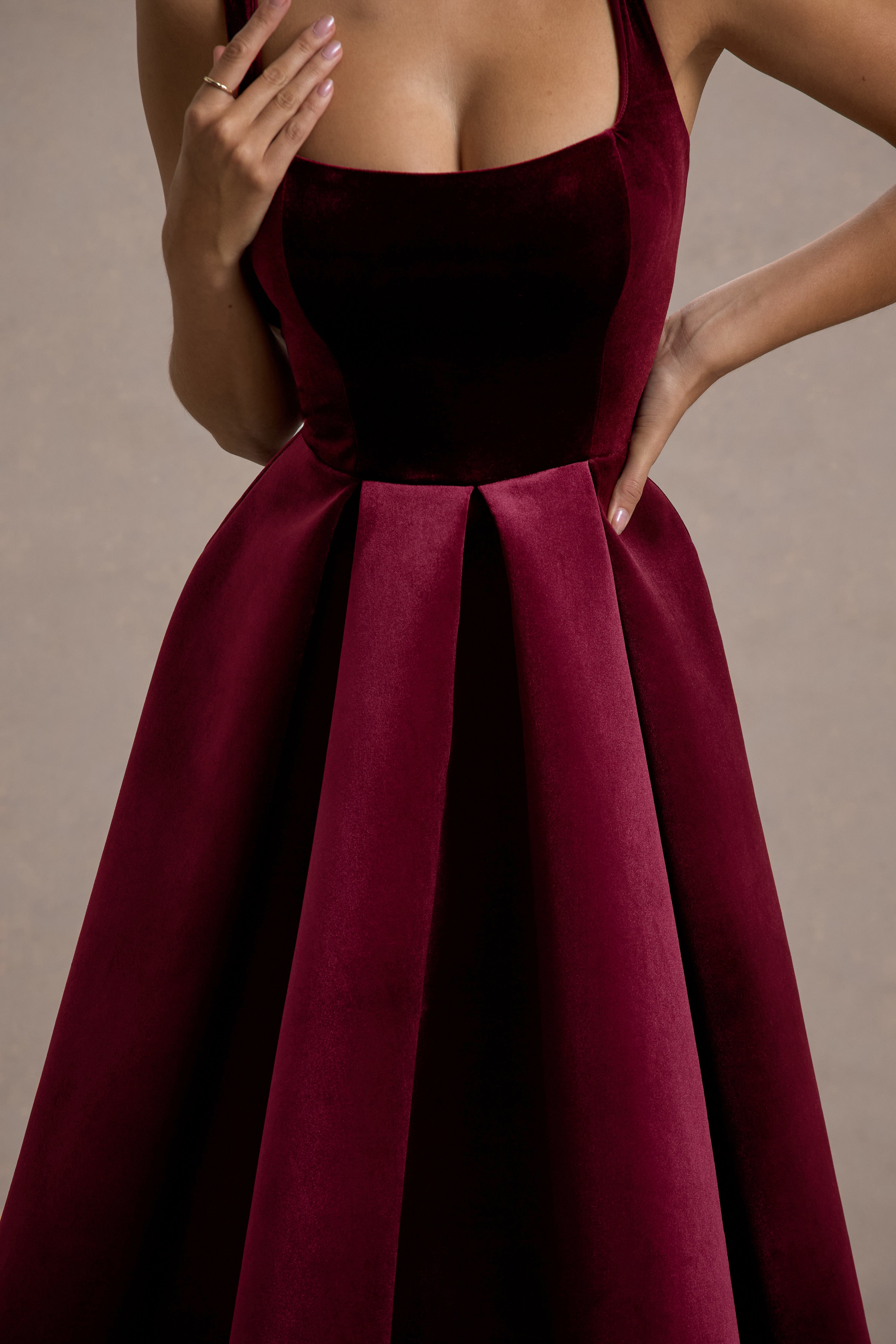 Berry Velvet Strappy Volume-Hem Midi Dress