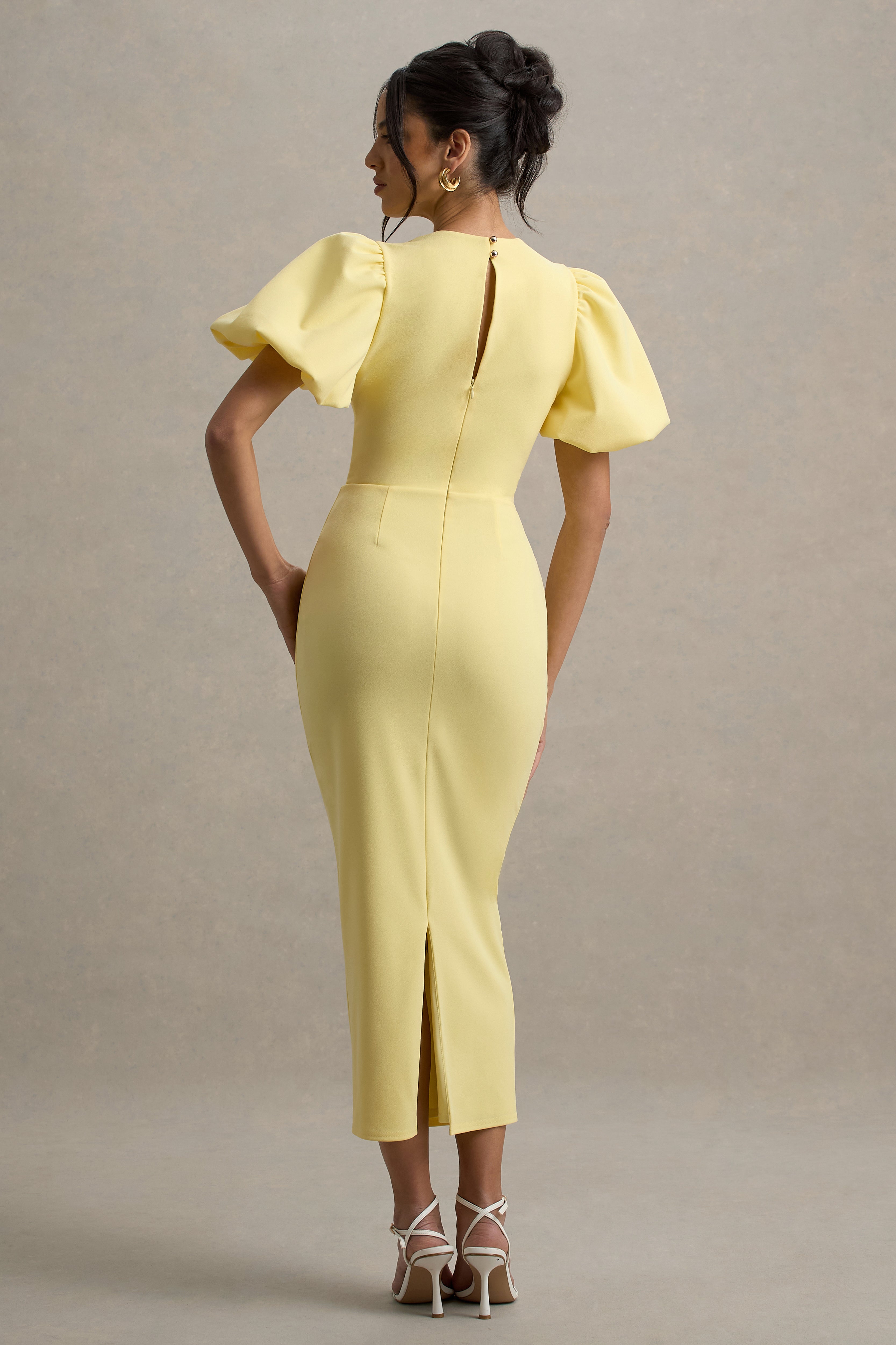 Lemon Puff-Sleeve Midi Dress