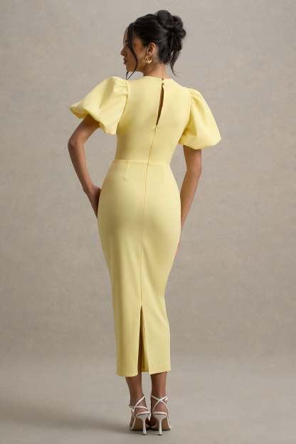 Lemon Puff-Sleeve Midi Dress