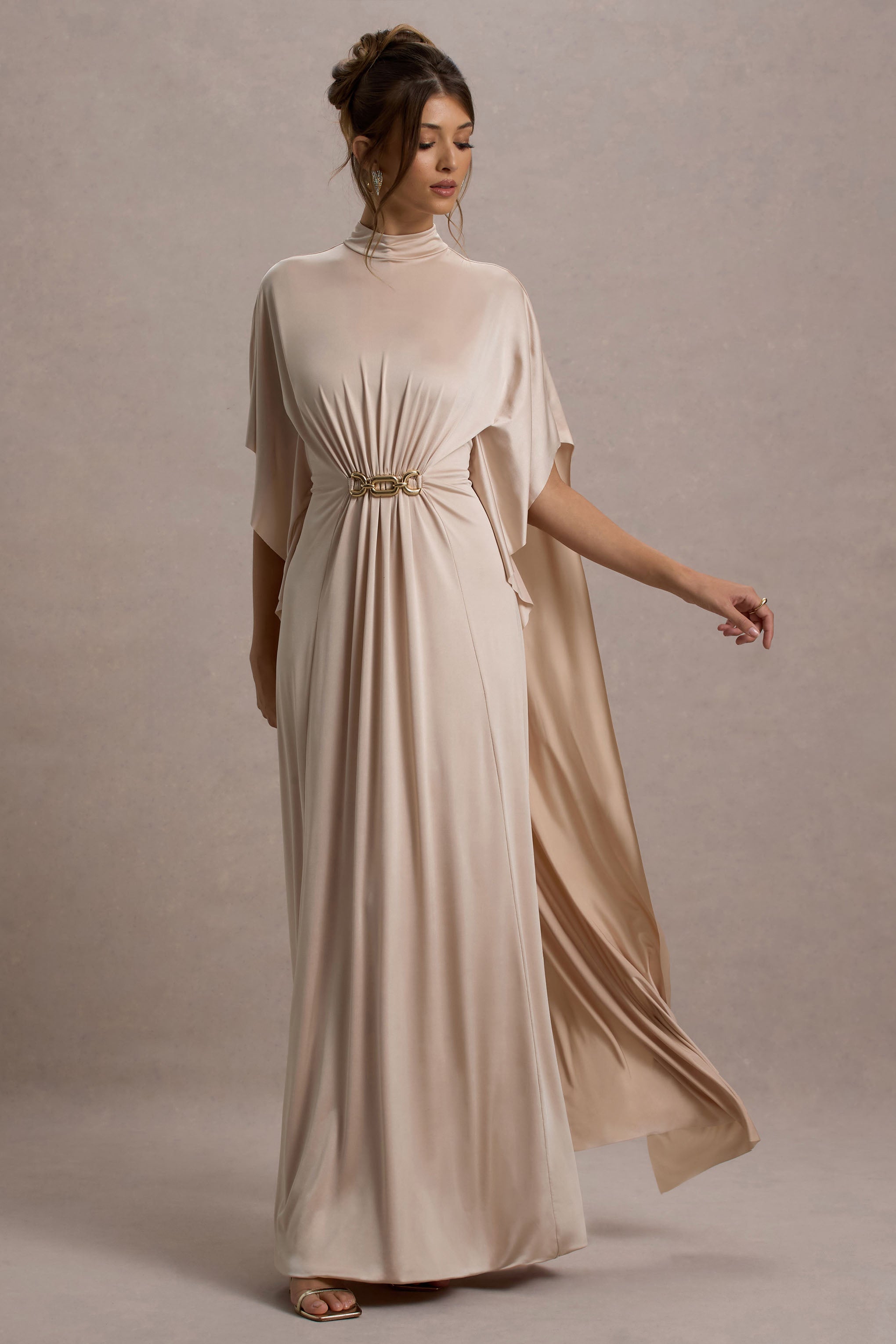 Olessia Champagne Belted Gathered Cape-Sleeve Maxi Dress