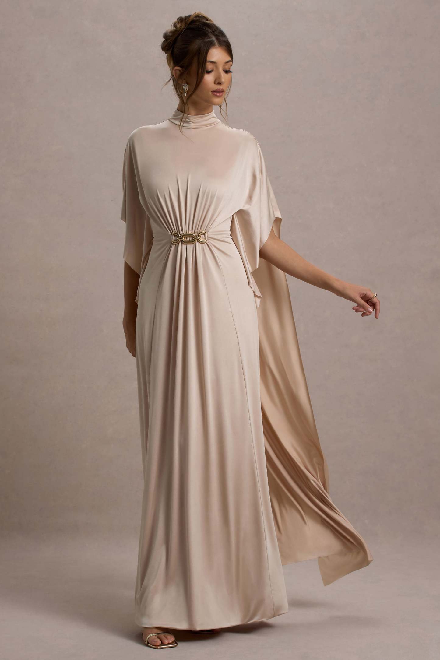Olessia Champagne Belted Gathered Cape-Sleeve Maxi Dress