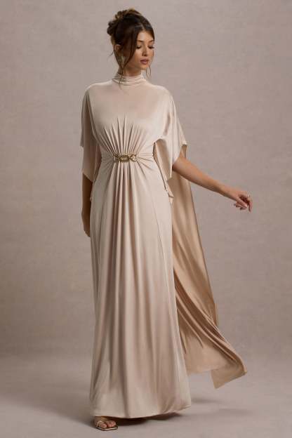 Olessia Champagne Belted Gathered Cape-Sleeve Maxi Dress