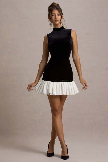 Baxter Black & White Velvet Mini Dress With Satin Ruffle Trim