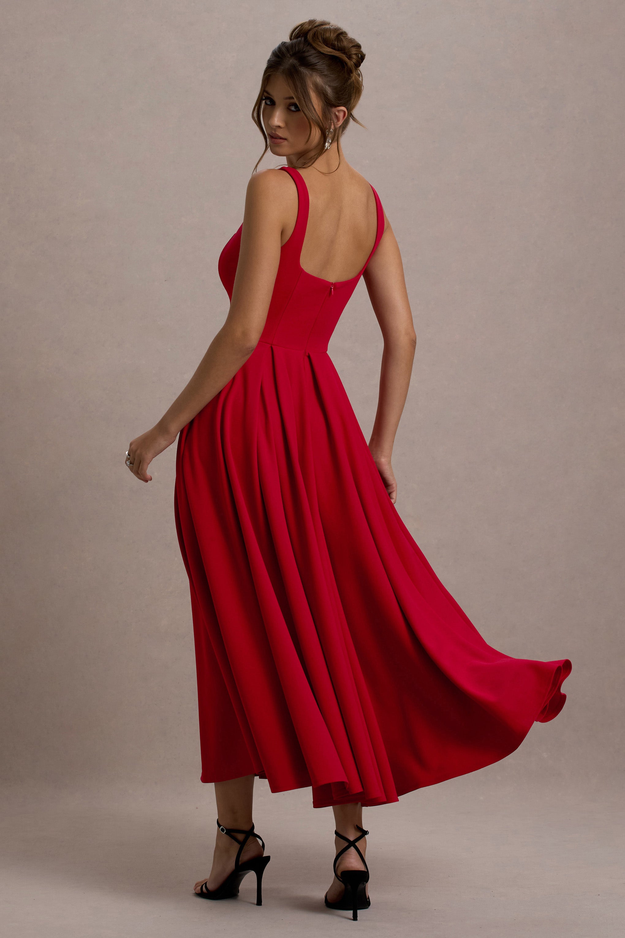 Red Strappy Volume-Hem Midi Dress