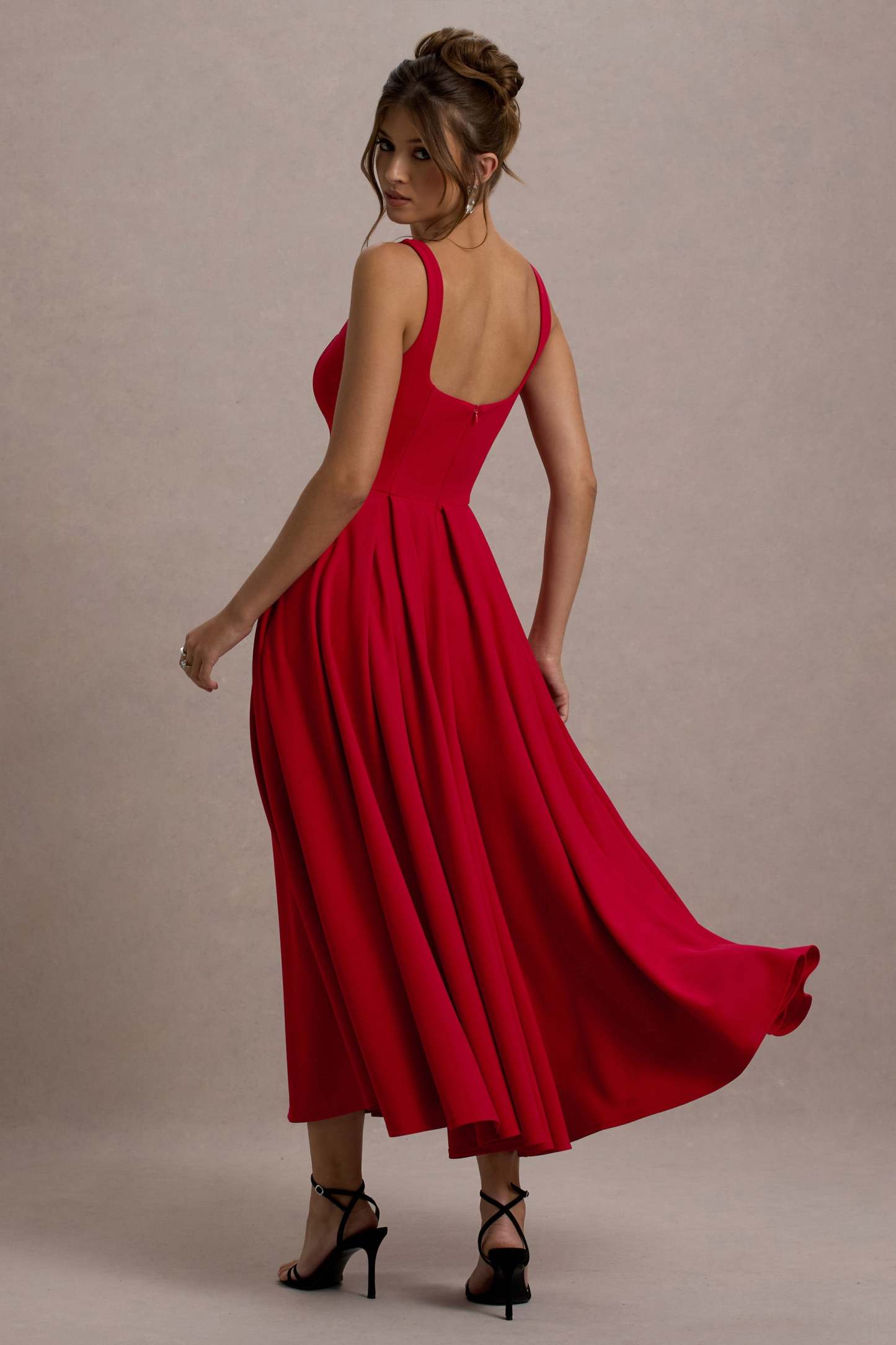 Red Strappy Volume-Hem Midi Dress