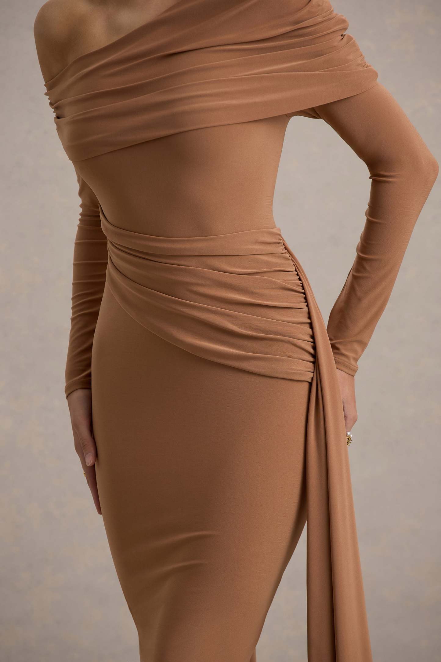 Brown Ruched Asymmetric Maxi Dress With Drape