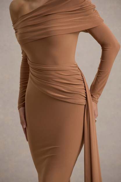 Brown Ruched Asymmetric Maxi Dress With Drape