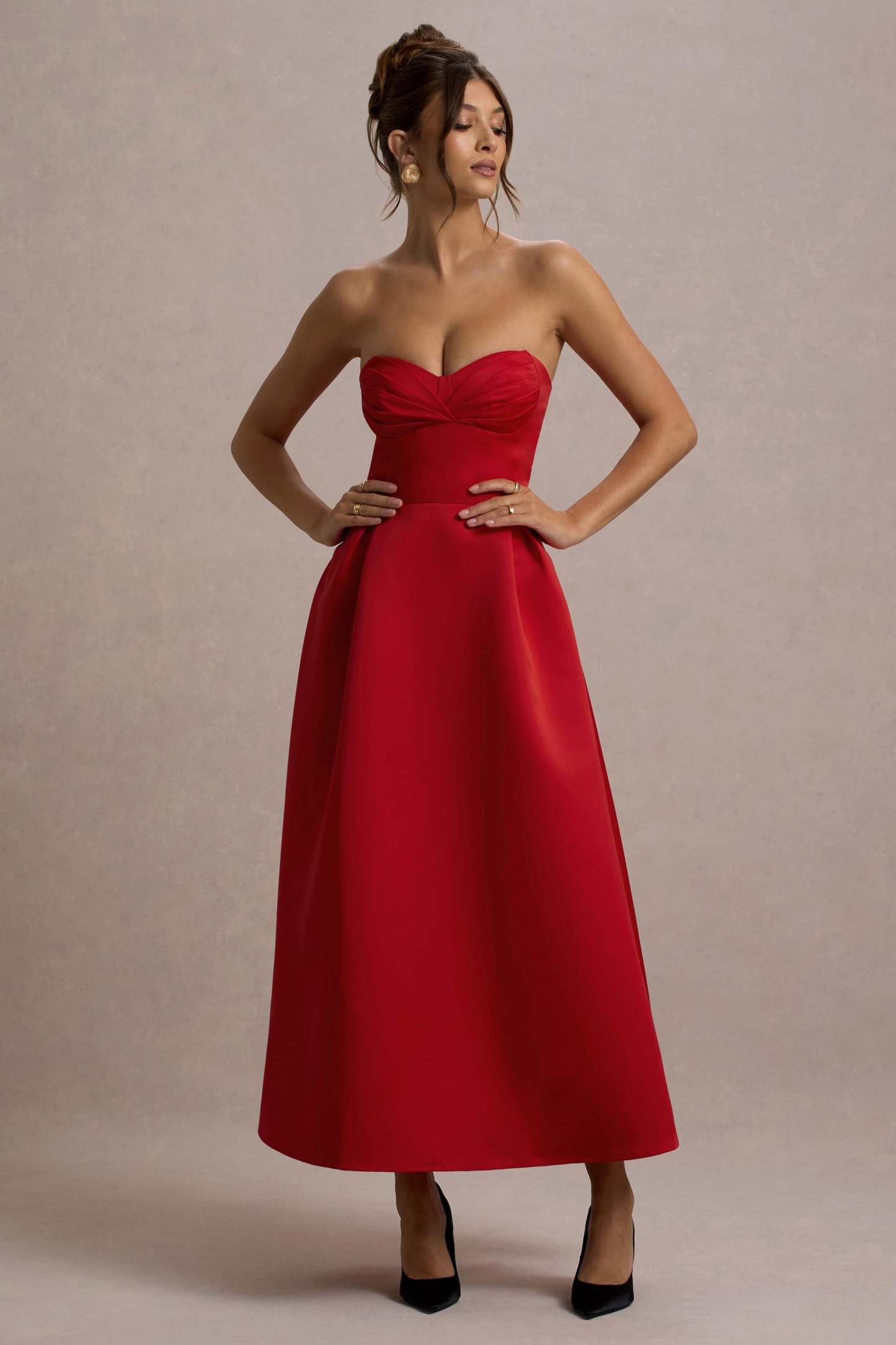 Wintour Red Satin Sweetheart Midi Dress