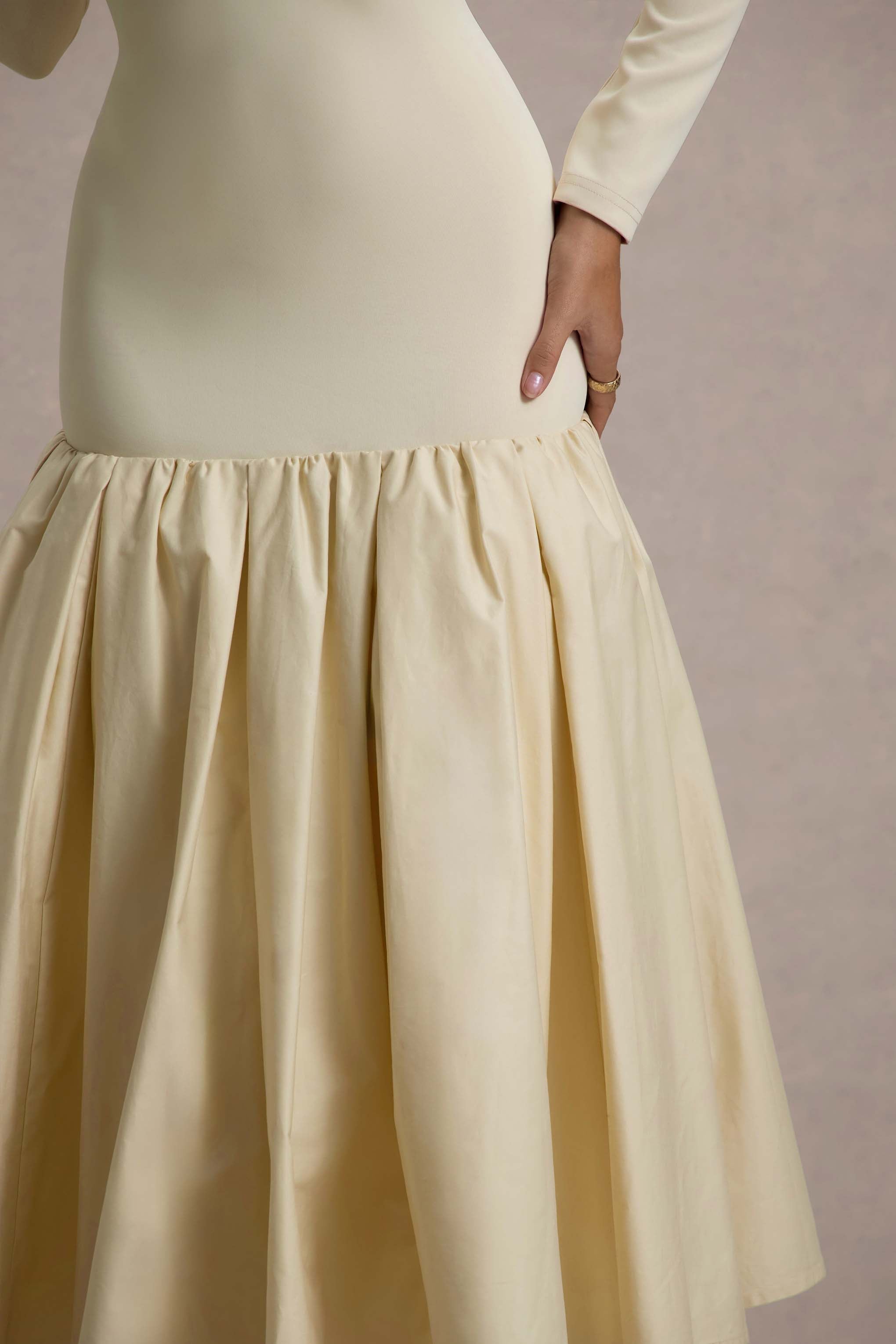 Perpetua Cream Drop-Waist Midi Dress With Volume Skirt